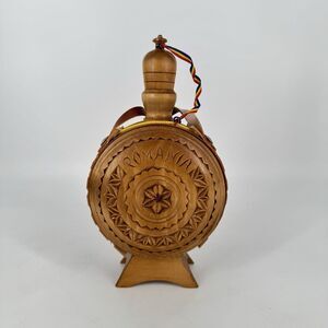 Hand Carved Romanian Wooden Flask Bottle Folk Art w Stand 8.75” Rustic